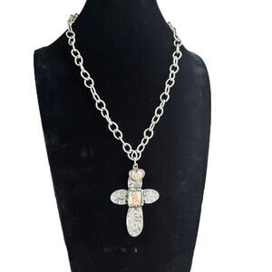 Silver-Tone Hammered Artisan Made Cross  Necklace with Mother Mary